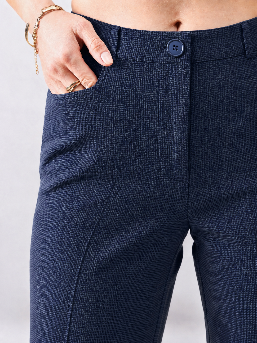Women Navy Blue Checked Single Breasted Formal Pantsuit