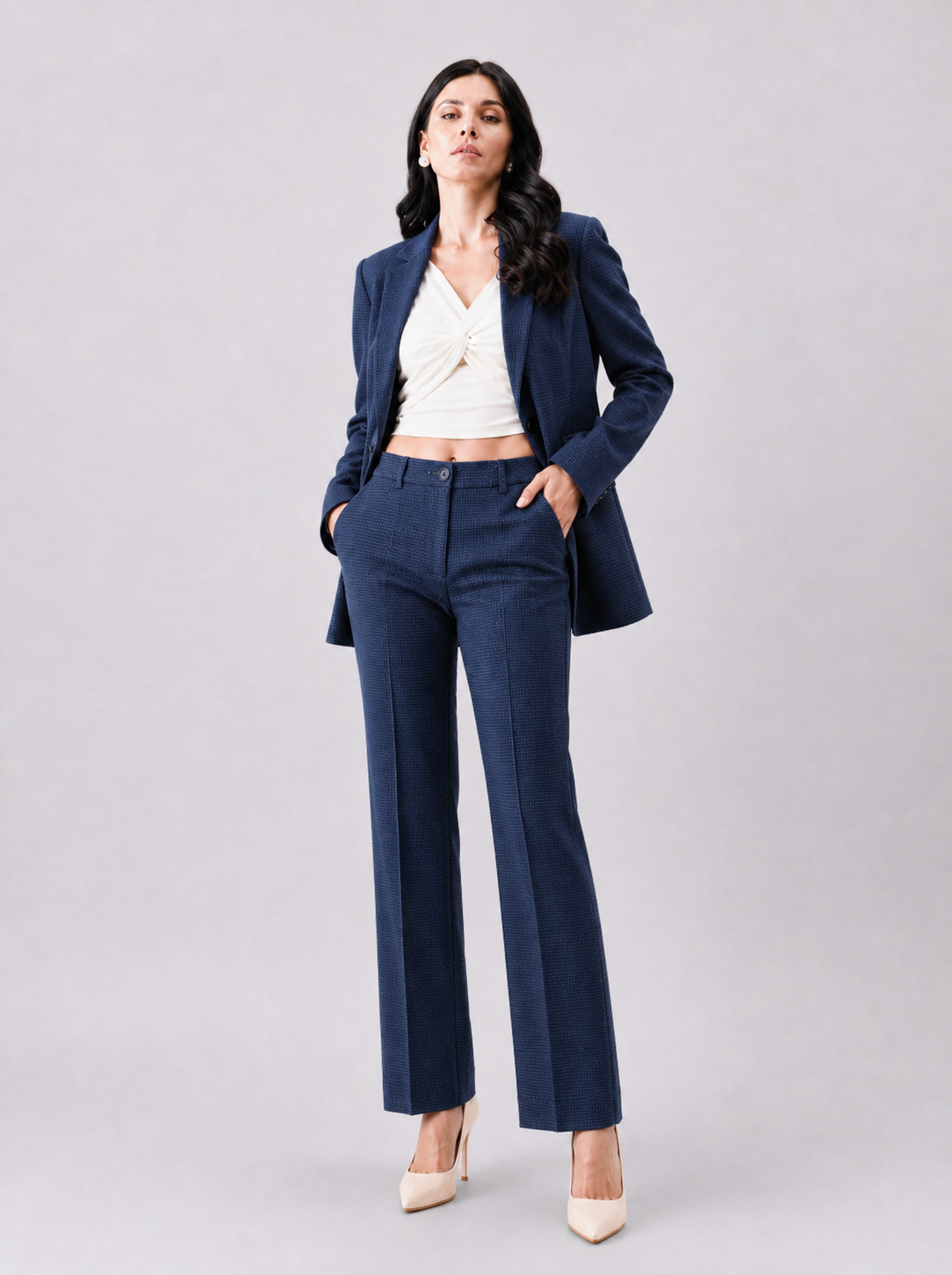 Women Navy Blue Checked Single Breasted Formal Pantsuit