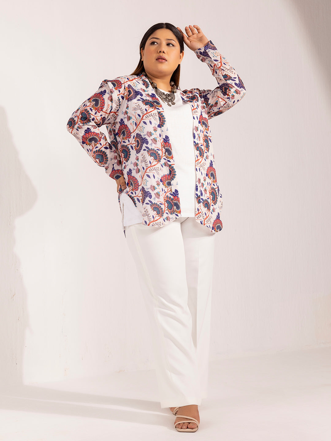 Front Open Printed Jacket- white and blue