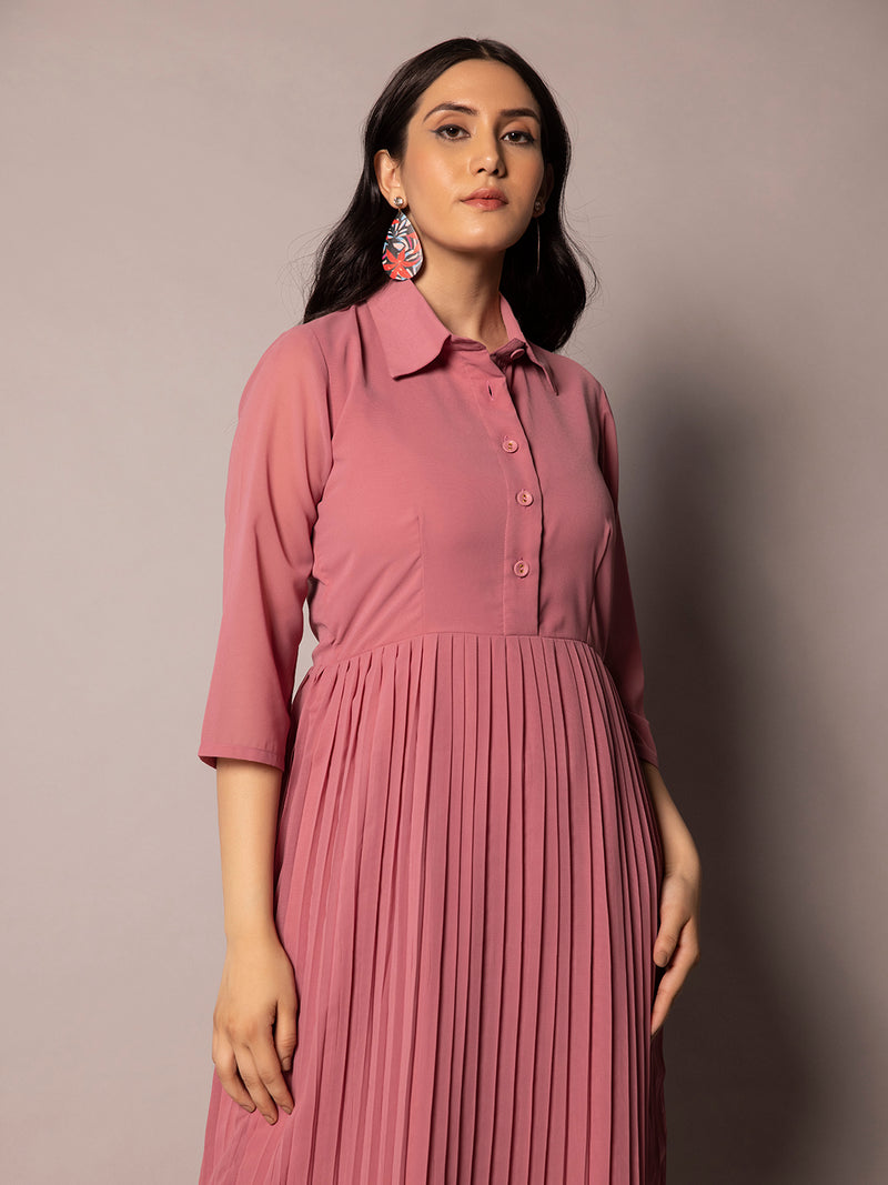 Crepe Collared Dress - Pink