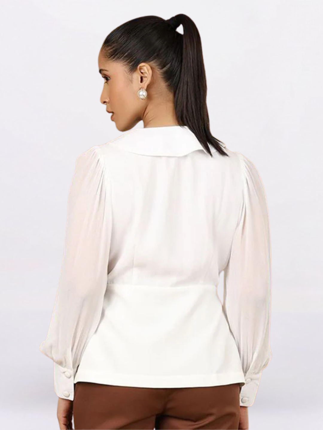 Women Shirt Collar Cuffed Sleeves Peplum Top