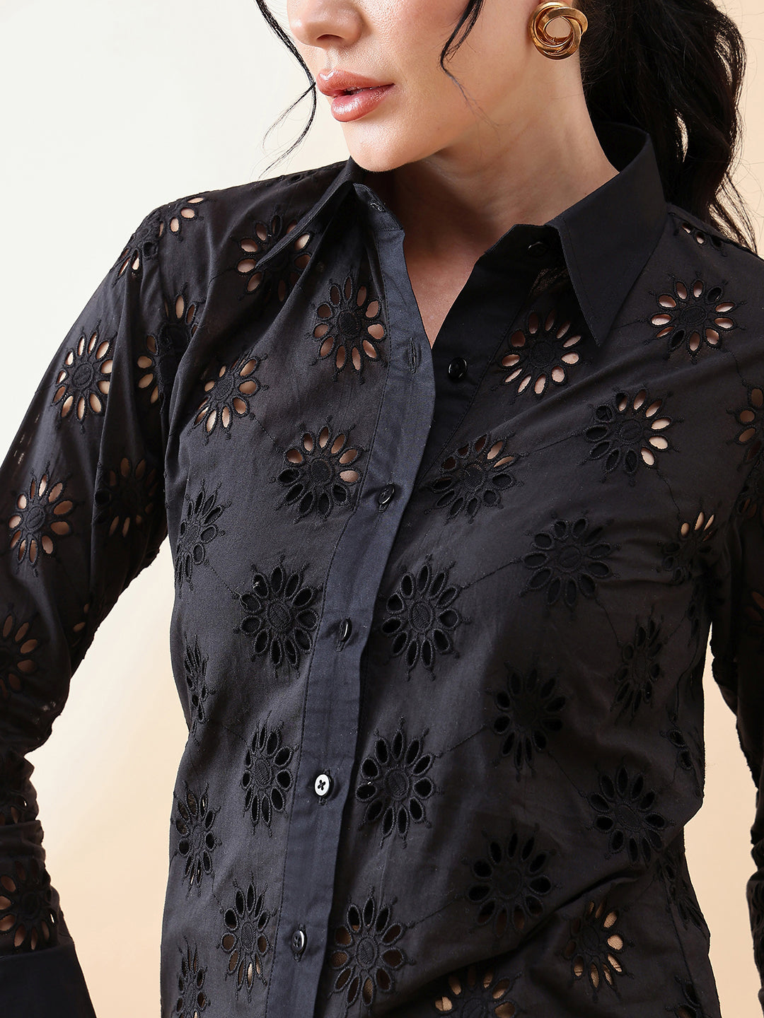 Schiffli Collared Shirt- Black