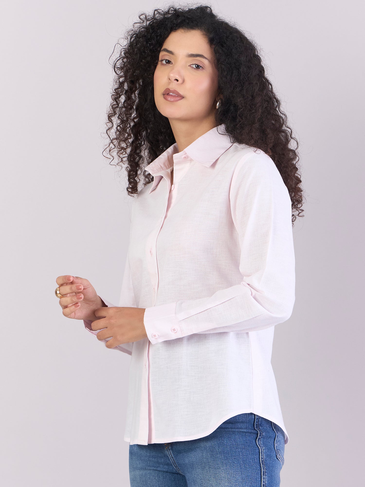 Baby Pink Soft Textured Cotton-linen Long Sleeve Shirt