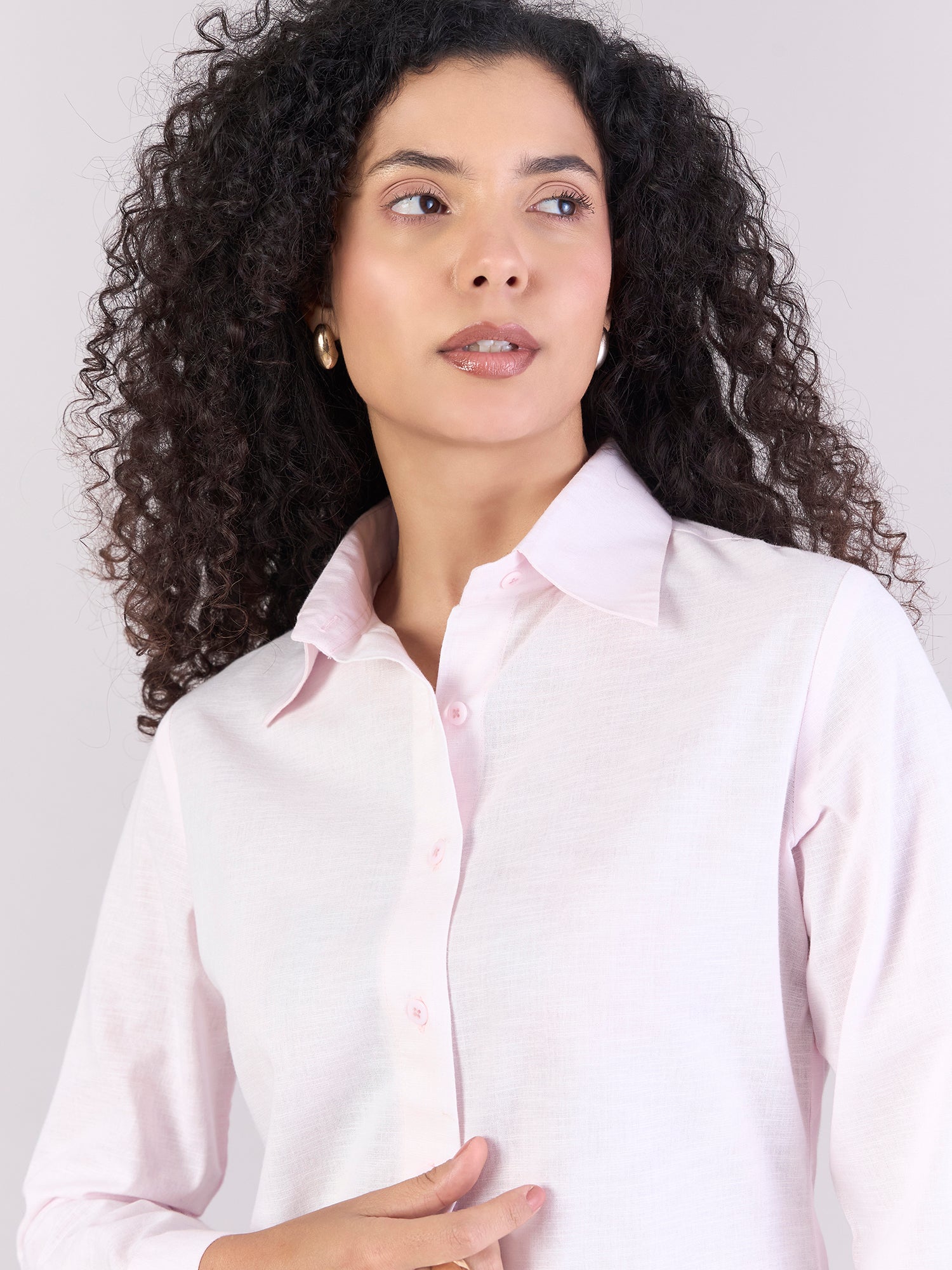 Baby Pink Soft Textured Cotton-linen Long Sleeve Shirt