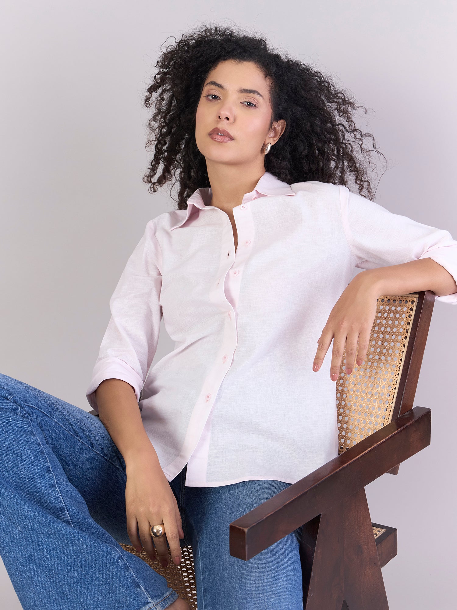 Baby Pink Soft Textured Cotton-linen Long Sleeve Shirt