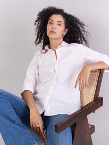 Baby Pink Soft Textured Cotton-linen Long Sleeve Shirt