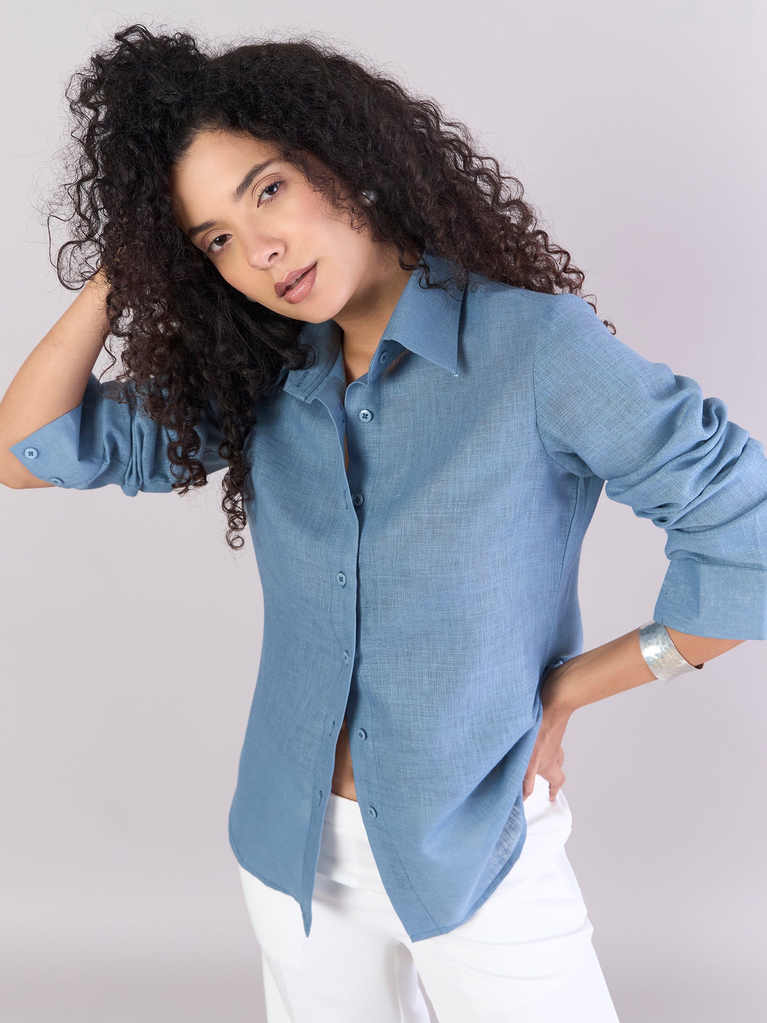 Dusty-blue Lightweight Button-up Soft Textured Shirt