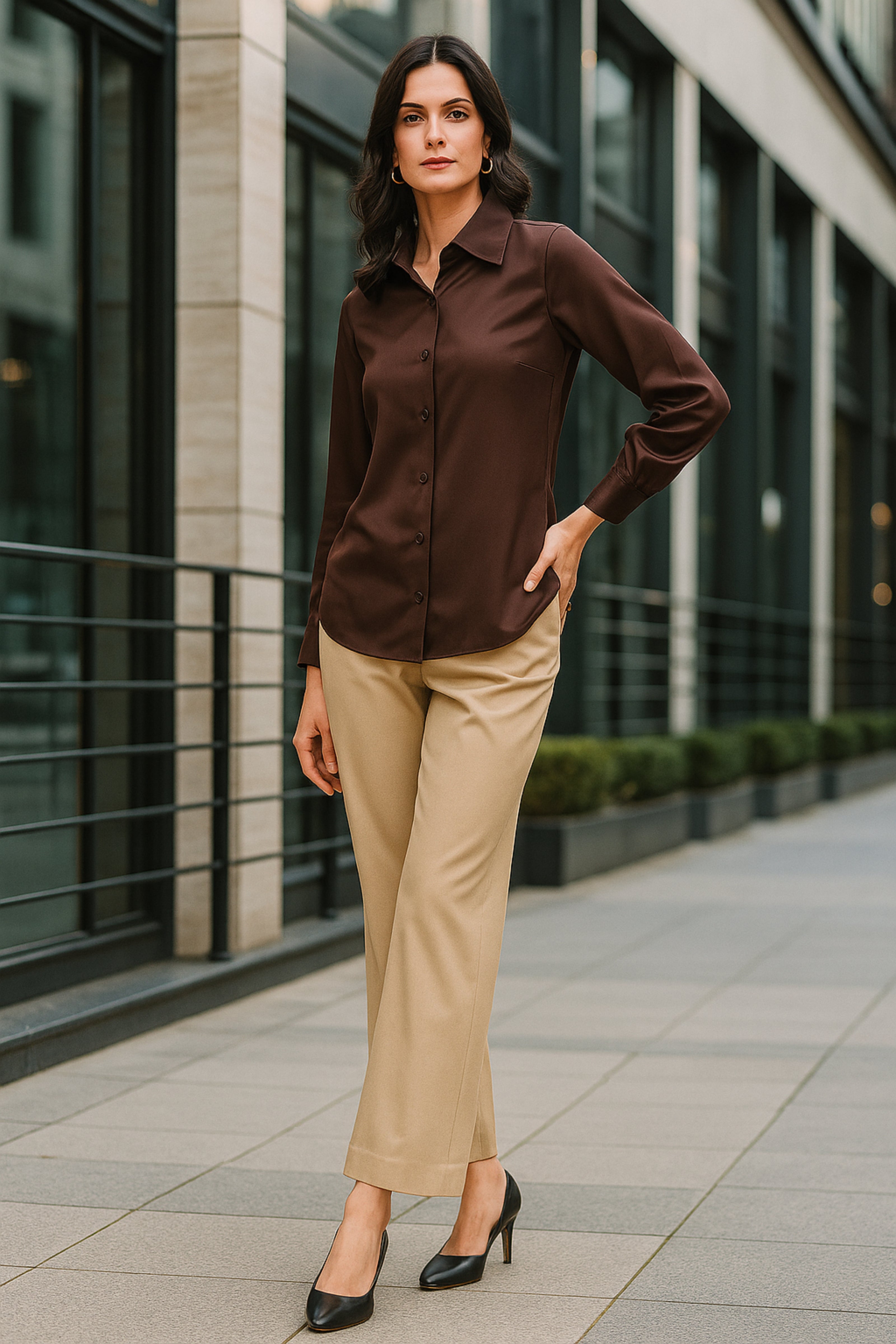 Chocolate Brown Satin Long Sleeve Button-Up Shirt
