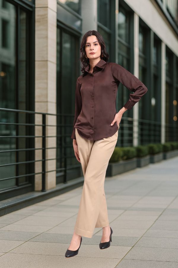 Chocolate Brown Satin Long Sleeve Button-Up Shirt