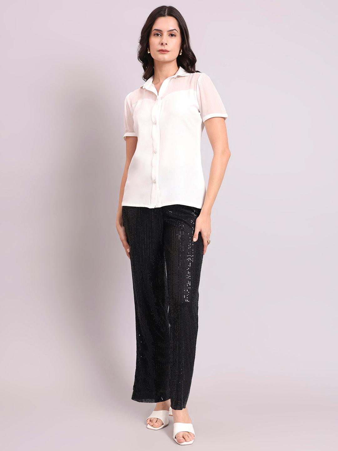 White Crepe Shirt With Fancy Button And Sheer Details