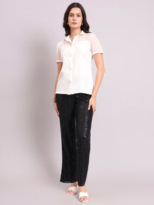 White Crepe Shirt With Fancy Button And Sheer Details