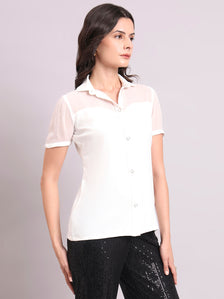 White Crepe Shirt With Fancy Button And Sheer Details