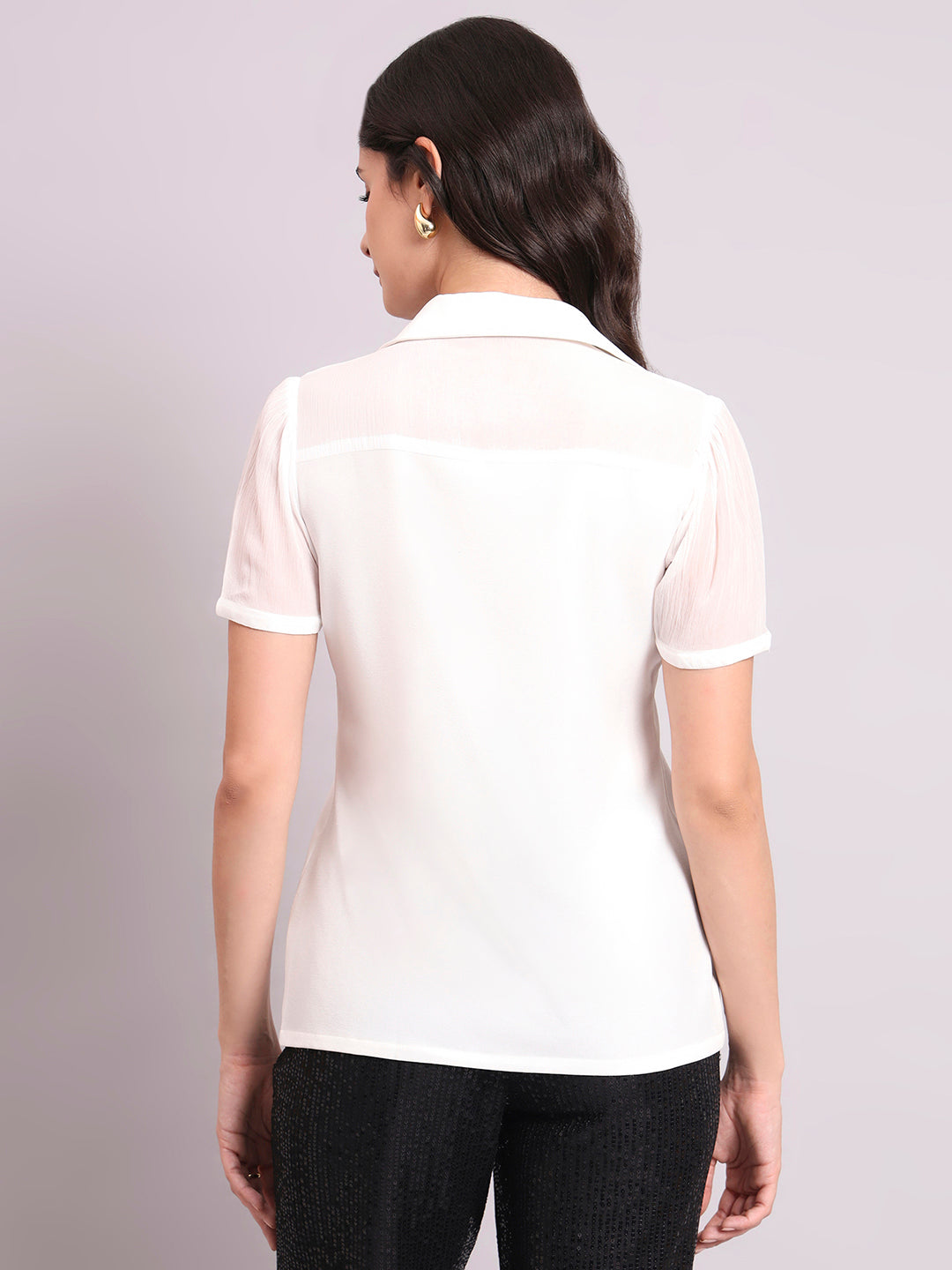 White Crepe Shirt With Fancy Button And Sheer Details