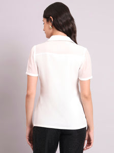 White Crepe Shirt With Fancy Button And Sheer Details