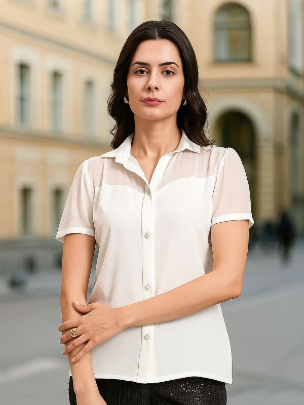 White Crepe Shirt With Fancy Button And Sheer Details