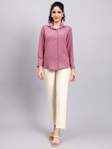 Classic Pink Satin Shirt with Embroidered Detailing and Comfort Fit