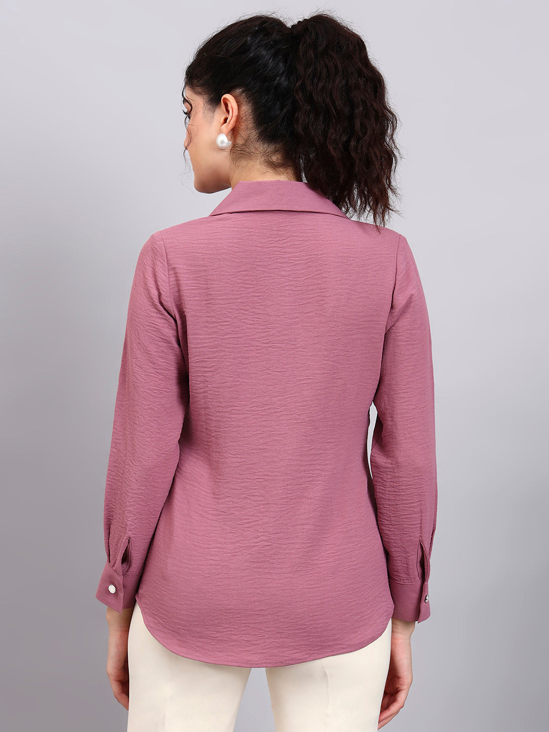 Classic Pink Satin Shirt with Embroidered Detailing and Comfort Fit