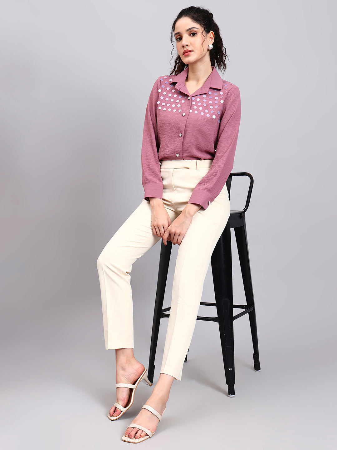 Classic Pink Satin Shirt with Embroidered Detailing and Comfort Fit