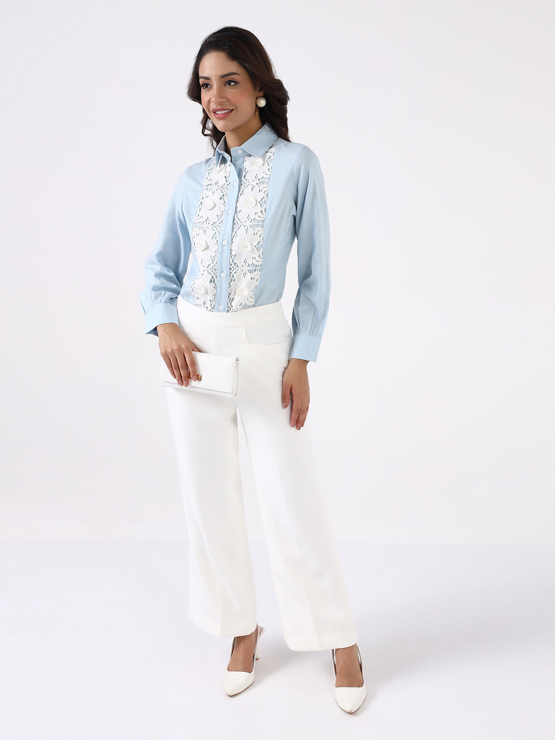 Women Sky Blue Floral Lace Shirt