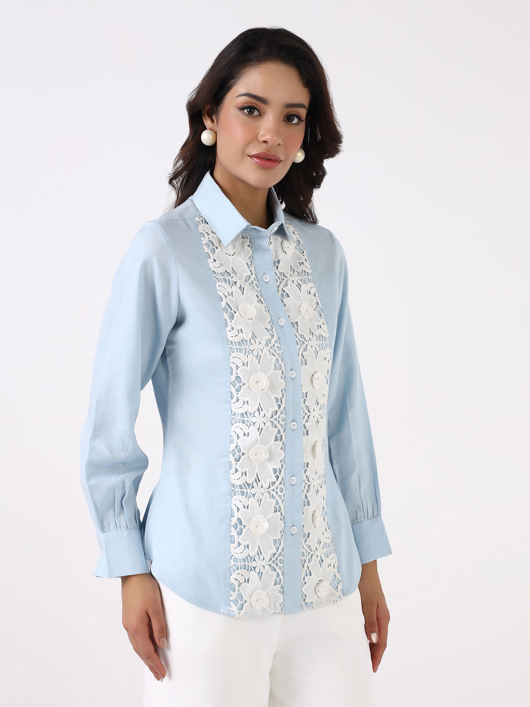 Women Sky Blue Floral Lace Shirt