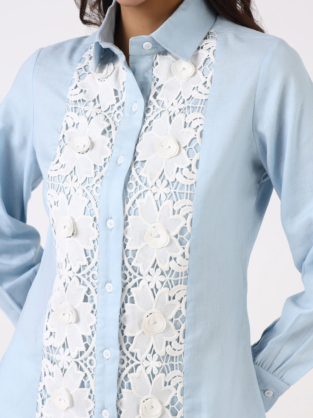 Women Sky Blue Floral Lace Shirt