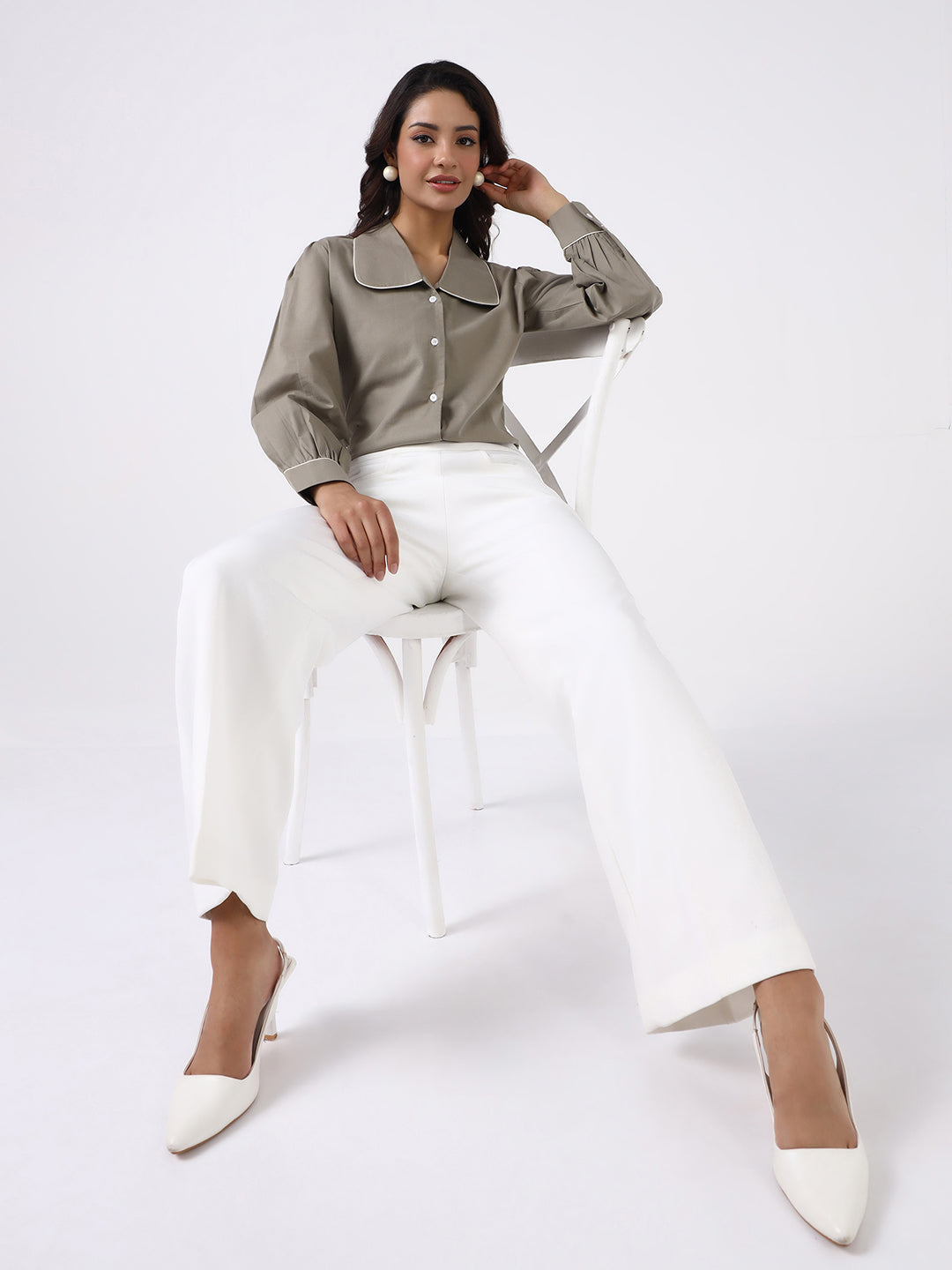 Women sage green shirt with white relaxed fit Trouser