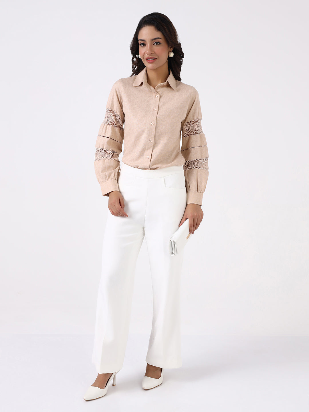 Women Beige Lace Panel Shirt