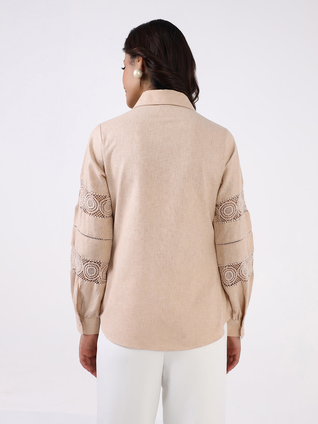 Women Beige Lace Panel Shirt
