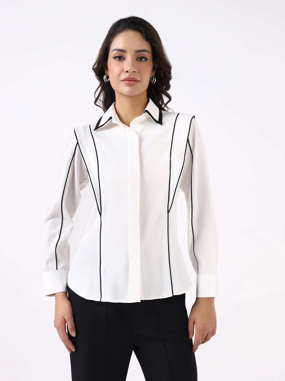 Women White Contrast Piping Shirt
