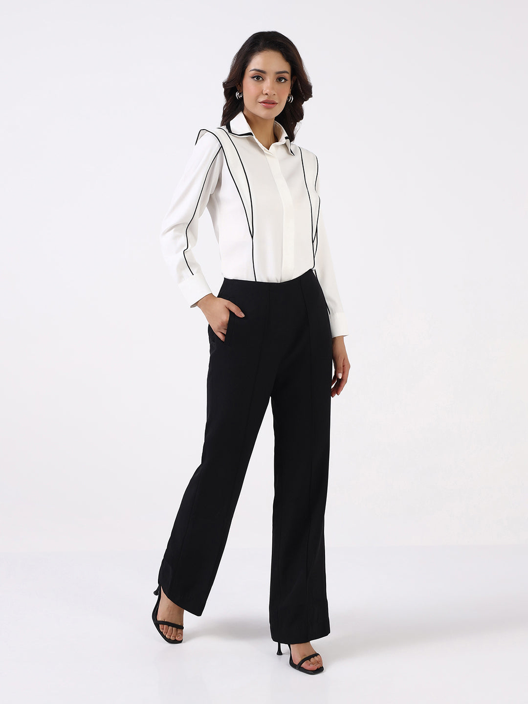Women White Contrast Piping Shirt