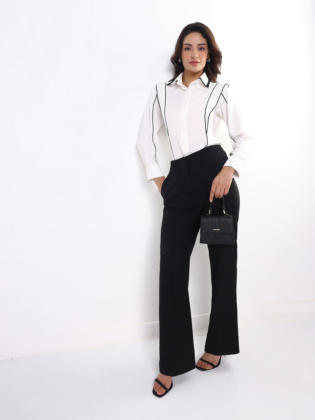 Women White Contrast Piping Shirt