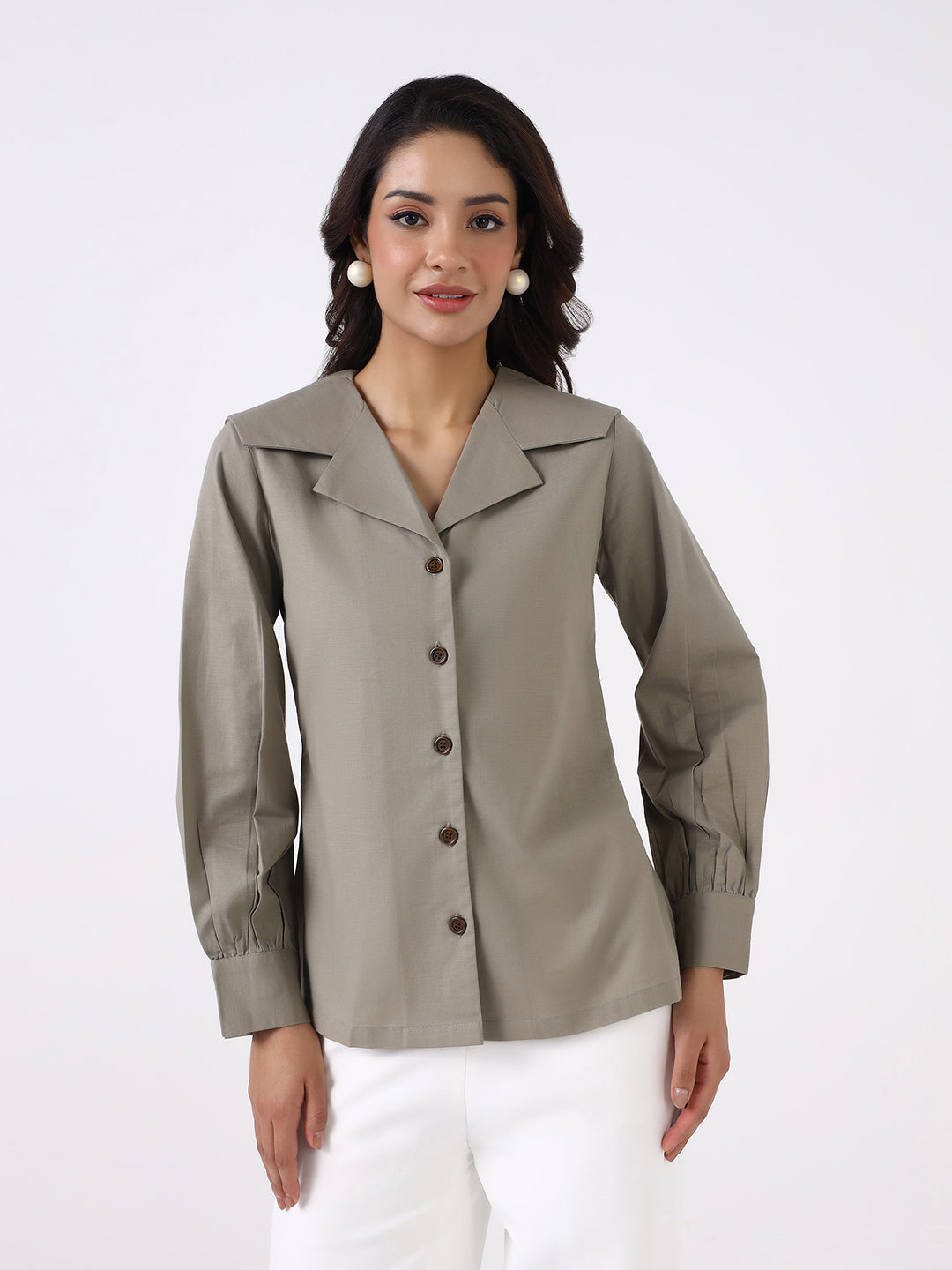 Women Sage Green Notch Collar Shirt