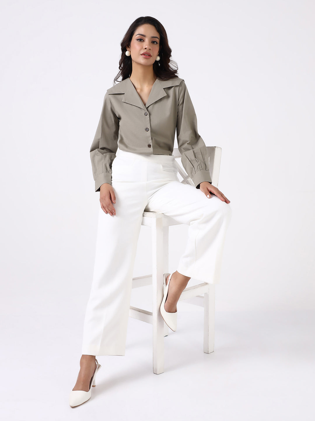 Women Sage Green Notch Collar Shirt