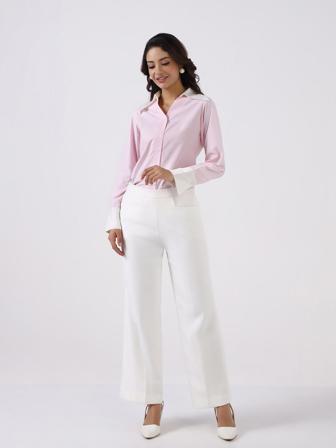 Women Pink Tailored Shirt with White Relaxed-fit Trouser