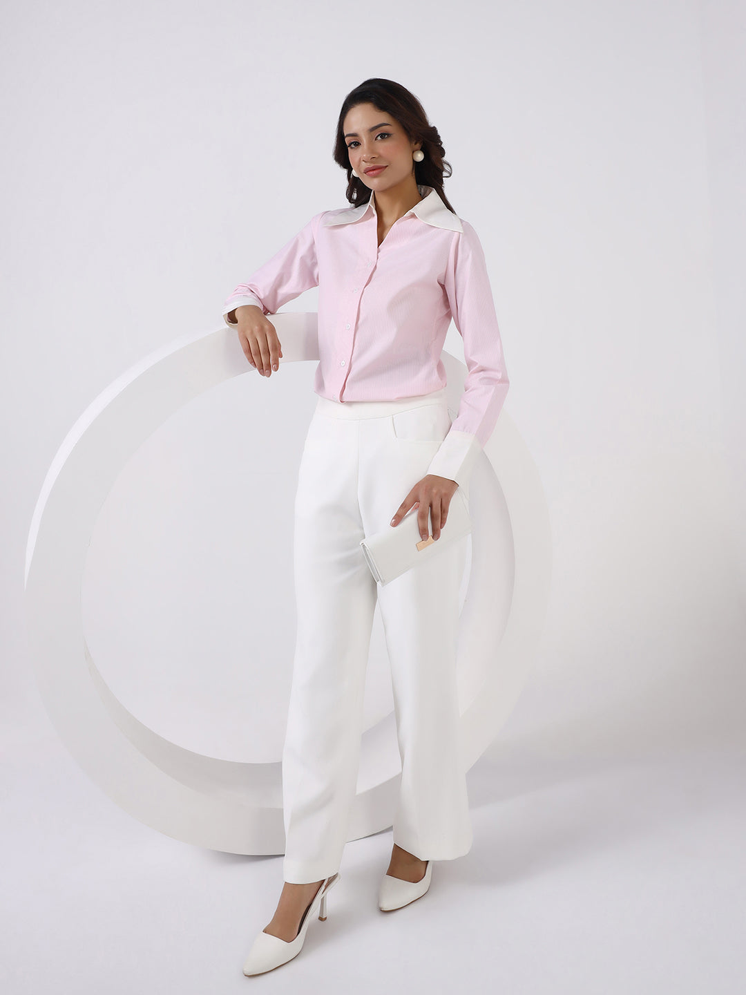 Women Pink Tailored Shirt with White Relaxed-fit Trouser