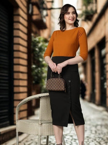 Women Straight Fit Stretch Longline Button Detail Skirt-Black