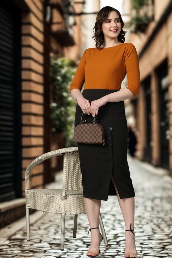 Women Straight Fit Stretch Longline Button Detail Skirt-Black