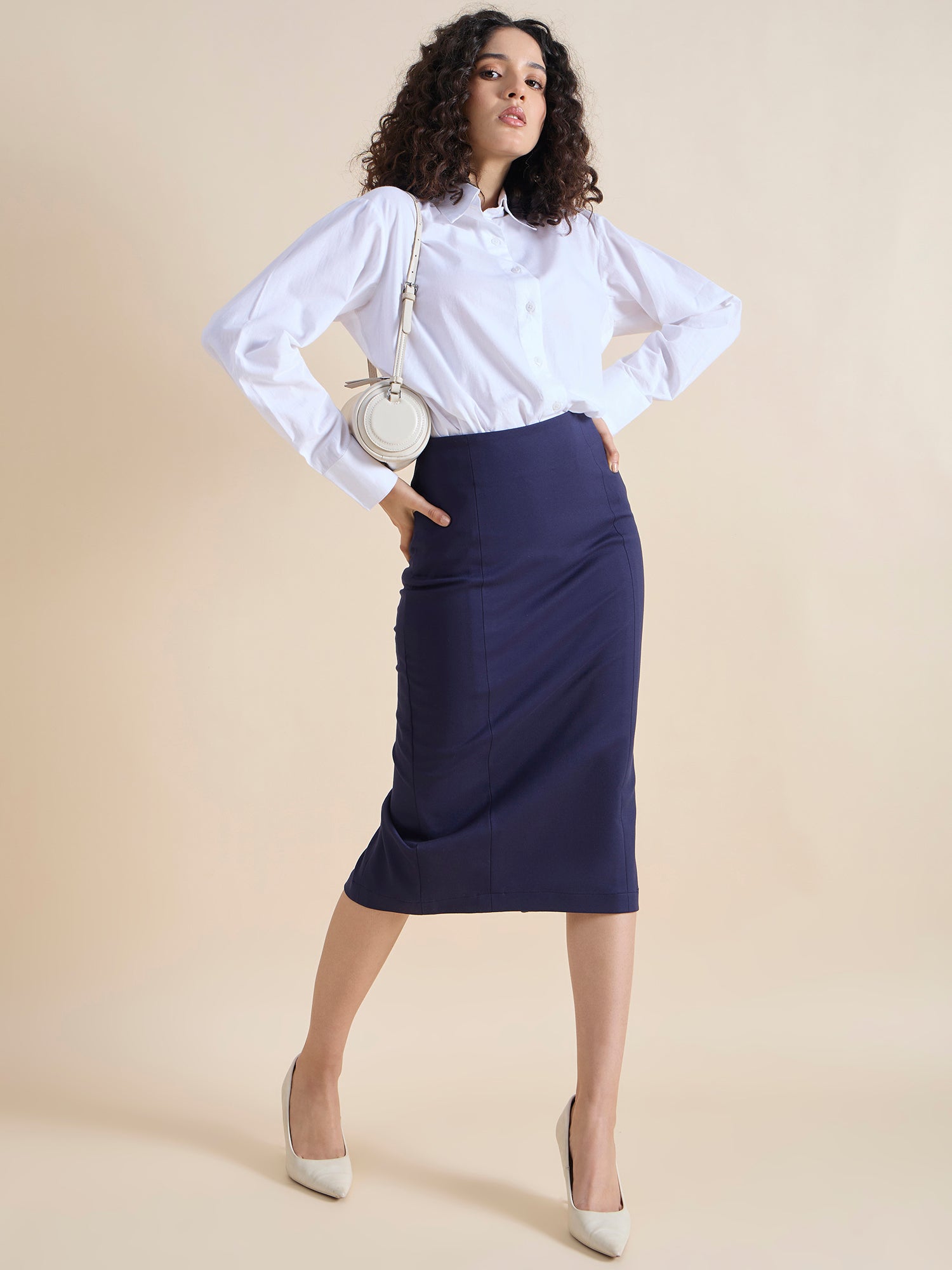 Formal Navy Blue Skirt And Top Women 4-Way Stretch Navy Blue