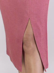 High-Waisted Linen-Rich A-Line Midi Skirt - Rose Pink