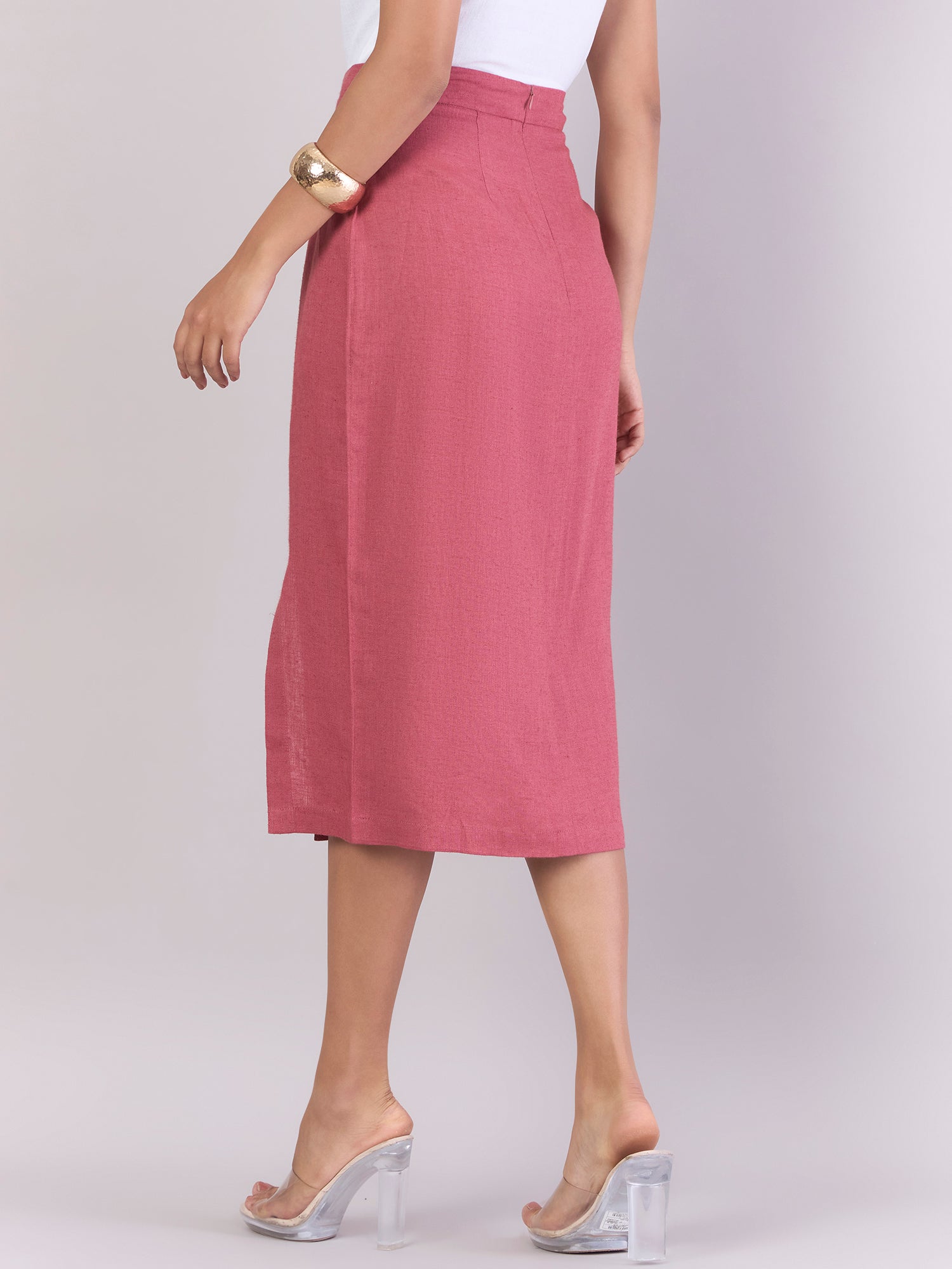 High-Waisted Linen-Rich A-Line Midi Skirt - Rose Pink