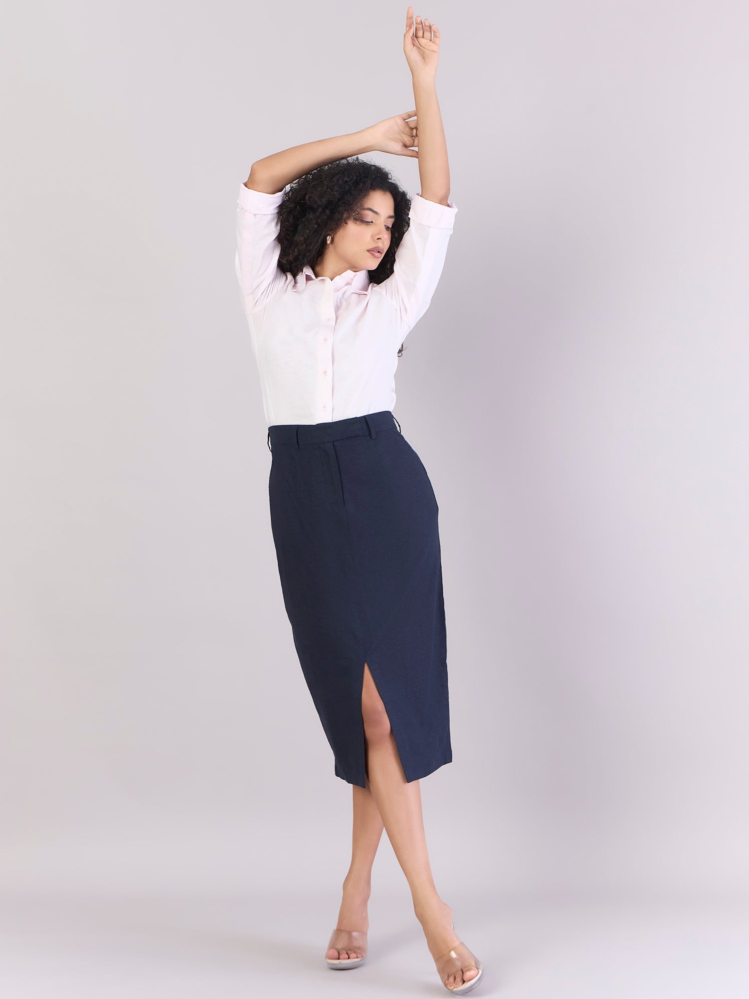 Navy Cotton-Linen Stretchable Skirt With Hook & Fly Closure