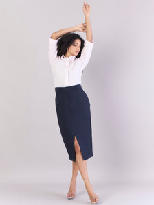 Navy Cotton-Linen Stretchable Skirt With Hook & Fly Closure