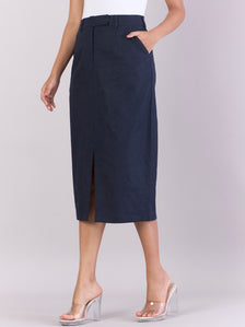 Navy Cotton-Linen Stretchable Skirt With Hook & Fly Closure