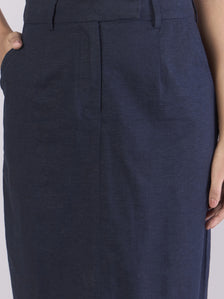 Navy Cotton-Linen Stretchable Skirt With Hook & Fly Closure