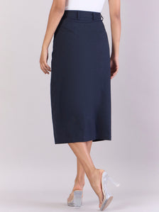 Navy Cotton-Linen Stretchable Skirt With Hook & Fly Closure