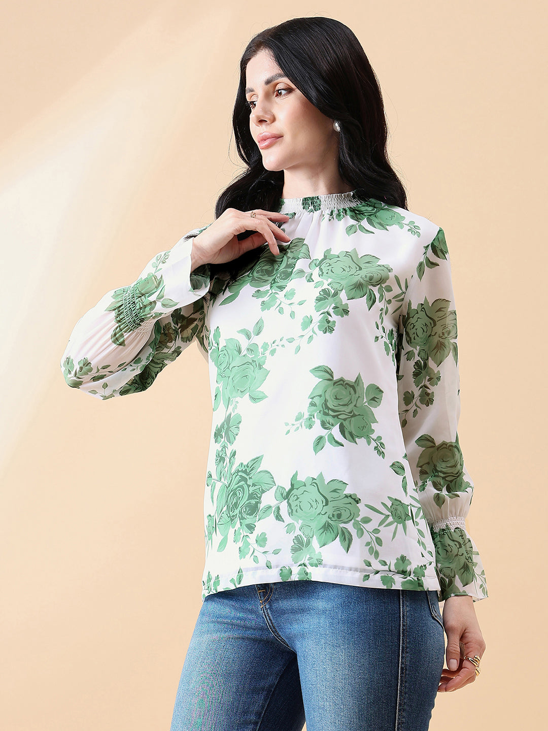 Ban-Neck Ggt Floral Top - Green/ White