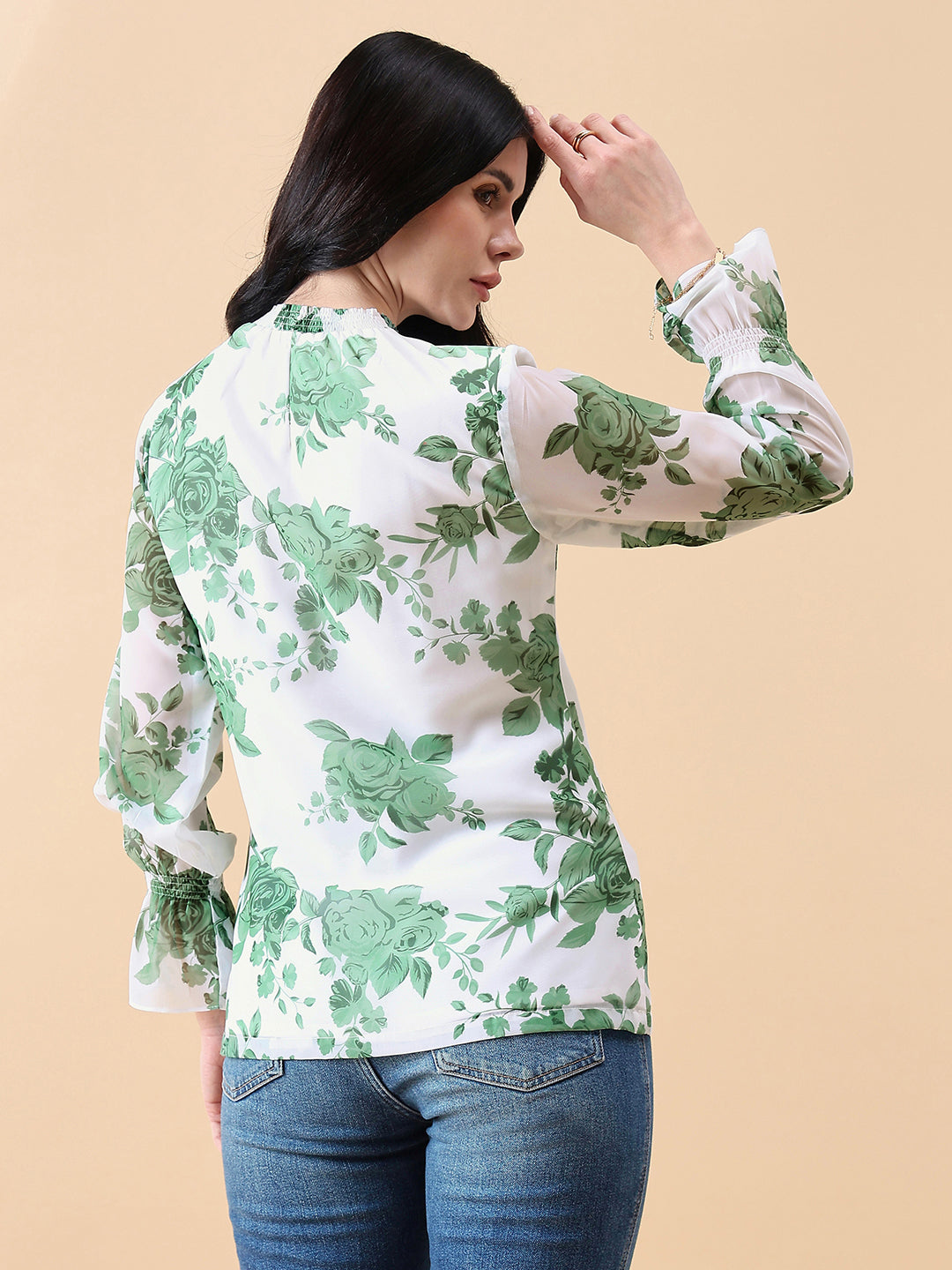 Ban-Neck Ggt Floral Top - Green/ White