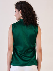Green Satin Tie Collar Neck Top