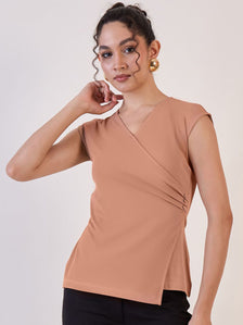 Camel Brown Wrap Knitted Regular Top