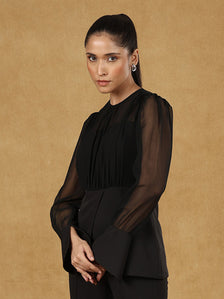 Black Elegant Round Neck Long Sleeve Peplum Top